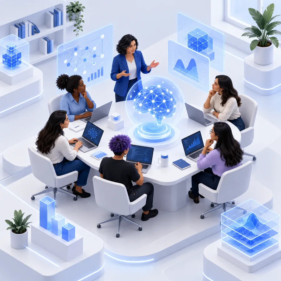Grupo diverso de participantes aprende inteligencia artificial en un espacio colaborativo