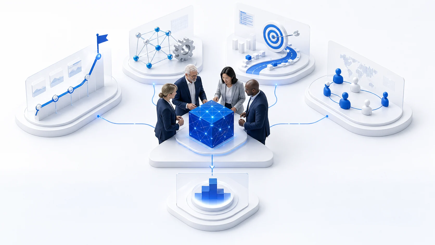 Equipo sénior conectando experiencia, conocimiento técnico y estrategia para convertir IA en resultados