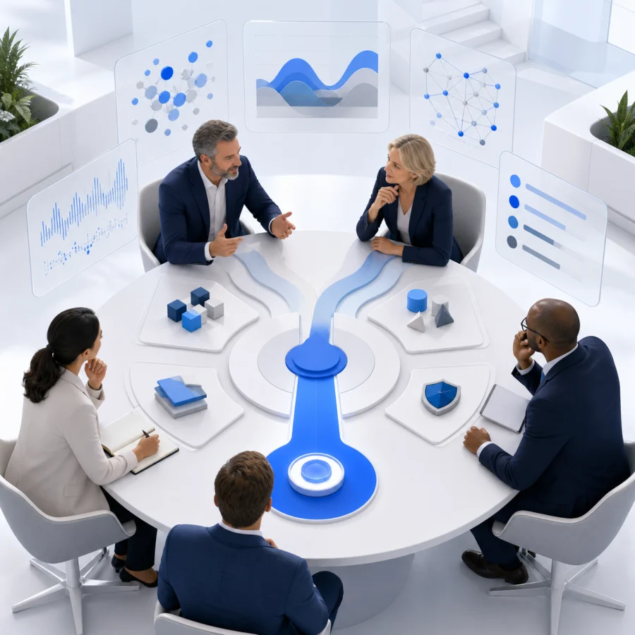 Equipo consultor evaluando contexto, datos y riesgos para definir una decisión accionable