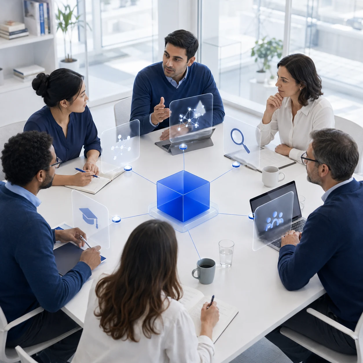 Ilustración de profesionales colaborando alrededor de una mesa y un cubo de inteligencia artificial